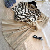 Striped Round Neck Knitted Top Women High Waist Lace-up Solid Color Wide-leg Pants Sweater Set Female Spring