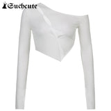 SUCHCUTE Hollow Out Aesthetic Women T Shirts Harajuku Casual Streetwear Outfits Long Sleeve Slim Sexy Cropped Tops Solid