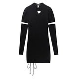 Vintage Black Dress Cheongsam Collar Hollow Out Puff Short Sleeve Casual Fashion High Waist Slit Short Skirt Ladies