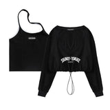 Retro Graffiti Print Letter T Shirt Women Long Sleeve Two Piece Tops Halter Tank+ Pullovers Grunge Aesthetic Tee