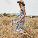 Elegant V-Neck Single Breasted Women's Dress High Waist Navy Blue Short Sleeve Striped