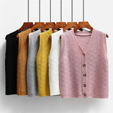 Knitted Wool Button Cardigan Sweater Vest Women Loose Single-breasted Diamond Block Lattice Sweater Vest Female