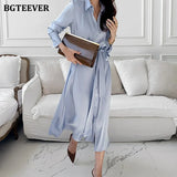 Spring Summer Satin Shirt Dress for Women 2021 Elegant Full Sleeve Single-breasted Lace-up Female Midi Dress