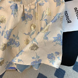 Women Blue Floral Print Holiday Princess Party Dress Elegant Ladies Puff Sleeve Square Neck Pleat Mini Dress Short