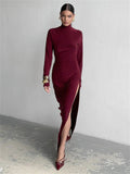 Turtleneck Long Sleeve Draped Slit Maxi Dress- Outfit