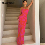 Rose Red Print Backless High Split Wedding Party Long Slip Dress Women's Summer Sleeveless Tunics Bandage Evening
