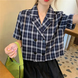 Shirts Women Plaid Crop Top Vintage Korean Style Sweet Notched Ins Fashion Slender Leisure Chic All-match Summer