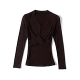 Shoot New Foreign Style Fashion Versatile V-Neck Long Sleeve Solid Color Temperament Mesh Bottom Shirt
