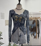 Real Shooting Pure Sexful V-Neck Umbilly T-Shirt Female Hairy Denim Butterfly Embroidered Mesh Yarn Long Sleeve Top