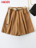 Women Vintage Khaki Wide Leg Shorts with Belt Pockets Female Retro Casual Shorts Pantalones
