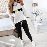 Sportswear Home Suits Heart Print Long Sleeve Women's Sweatshirt Top Casual Drawstring Waist Pants 2 Piece Set