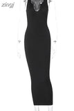 Ribbed Knitted V Neck Black Long Dress Women Sleeveless Slim Party Club Elegant Female Bodycon Midi Dress Streetwear