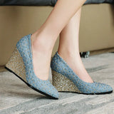 Wedges Women Shoes Fashion Pointed Toe High Heels Pumps Slip On Shallow Party Dress Shoes Woman Blue Red