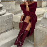 Burgundy Off Shoulder Fold Knit Midi Dress- Outfit