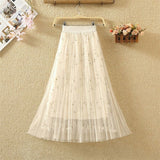 Embroidered Mesh Skirt Emale Spring Long Fairy Skirt Elastic Wasit A Line Flower Women Pleated Skirt Party