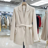 New Elegant Female Beige Black Long Sleeve Blazer Office Lady Turn-down Collar Sash Tie Up Blazer with