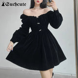 SUCHCUTE Gothic Style Folds Evening Party Dress For Women Velvet Autumn Winter Black Vintage Elegant Chic Cute Dresses