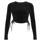 O-Neck Long Sleeve Bodycon Cropped Tops Autumn 2020 Women Irregular Drawstring Bandage Knitted Solid