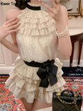 Fashion Polka Dot Pleated Shirt 2 Piece Set Women Summer Sweet Tower Skirt + Sleeveless Chiffon Tops Outfits Y2K