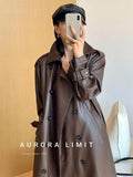 Spring Autumn Long Loose Brown Pu Leather Trench Coat for Women Belt Double Breasted American and European Fashion