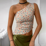 Vintage Chinese Style Print Crop Top Asymmetric Slim Fit One Shoulder Vests E-girl Aesthetic Fashion Women Summer Tank