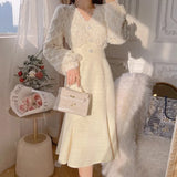 Long White Dress Women French Vintage V-neck Lace Slim Y2K Dress Spring Korean One Piece Casual Evening Party Dress