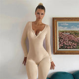 Long Sleeve Ribbed Buttoned Solid Jumpsuit-Outfit