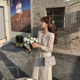 Lace Long Sleeve Midi Dress Winter White Women V-neck Korean Dress Spring One-piece Evening Lady Party Fairy