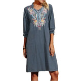 Quality Cotton Linen Women Dress Retro Embroidery V-Neck Pocket Half-Sleeved Cotton Elegant Dresses Linen Comfortale