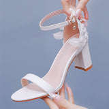 Cm Thick Heel Shallow Mouth With Sandals Round Head Fish Mouth Flowers Nails High Heel Sandals White Wedding