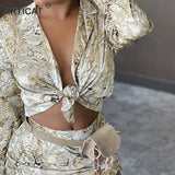 Sexy Bodycon Two Pieces Set Women Long Sleeve Turn Down Collor Short Top Women Solid Print Casual Winter Partywear