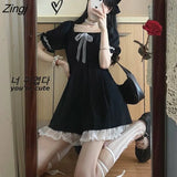 Lolita Gothic Dress Women Vintage Square Collar Puff Long Sleeve Dress Young Girl High Waist Lace Ruffles Kawaii