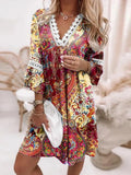 Holiday Casual Boho Beach Dress Women Retro Printed Party Dress Summer V Neck Lace Patchwork Hollow Out Pleated Mini