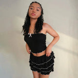 Black Bow Crop Top Ruffled Mini Skirt Set-Outfit