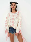 White Knit Pink Ribbon Lace Up Sweater-Outfit