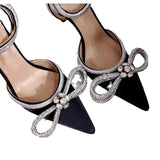 Zingj Summer Sandals Women's New Pointed Rhinestone Bow One Word Button Belt Sexy High Heel Plus Size Women's
