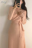Women Knitted Bodycon Pencil Dress New 2023 Autumn Winter Solid Vestidos Long Sleeve V Neck Slim Lady Chic Korean