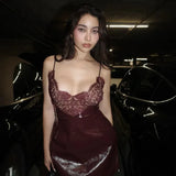 Lace Patchwork Pu Leather Slip Mini Dress-Outfit