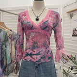 Picts Picts Retro Tie-Dye-Print Yarn Lace V-Neck Low-Breast Horn Sleeves Short Thin T-Shirt Top