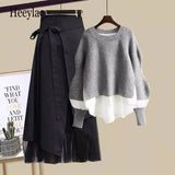 Zingj Women Winter Patchwork Long Sleeve Knitted Tops + Asymmetric Skirt 2 Piece Suit Female Party Elegant Two Piece Set 102-0-Outfit