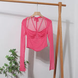 Sexy Hot Tie Tie With Hanging Neck Long-Sleeved Mesh T-Shirt Repair Short Open Fork Cuff Top