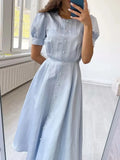 Fashion Loose Long Waist Maxi Dresses Elegant Button Party Long Dress Women Fashion O-Neck Puff Sleeve Solid A-Line
