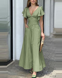 Zingj New V-Neck Dress Solid Color Lotus Leaf Sleeve Dress Temperament Commuter Waist Dress-Outfit