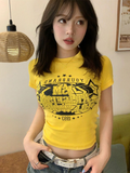 Grunge Letter Print Casual Crop Tops Summer Vintage Punk O Neck Slim T-shirts New Y2k Aesthetics Harajuku Short Sleeve