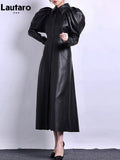 Spring Autumn Long Luxury Elegant Retro Black Soft Pu Leather Trench Coat for Women Puff Sleeve Runway Fashion