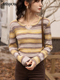 Striped Sweater Women Aurtumn Korean Fashion Slim Oneck Pullover Long Sleeves Knitted Tops Chic Female Tops