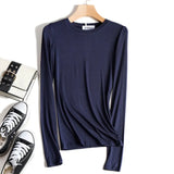 Quality Plain T Shirt Women Cotton Knitted Slim Elastic Basic T-shirts Female Casual Tops Long Sleeve T-shirt Women