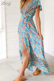 Maxi Dress Women 2023 Short Sleeve Casual V Neck Floral Print Boho Beach Long Dress S~5XL Sexy Split Party