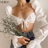 Fashion Sexy Bandage Low Chest Beach T Shirt Women Elegant White Lantern Sleeve French Romantic Slim Wild Female