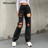 Hole Ripped Black Woman Distressed Jeans Casual Hip Hop High Waist Pants Capris Pocket Straight Denim Trousers